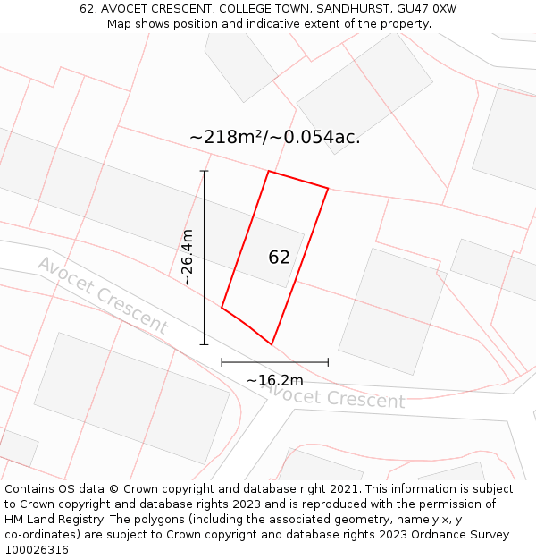 62, AVOCET CRESCENT, COLLEGE TOWN, SANDHURST, GU47 0XW: Plot and title map