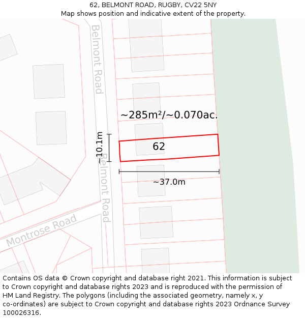 62, BELMONT ROAD, RUGBY, CV22 5NY: Plot and title map