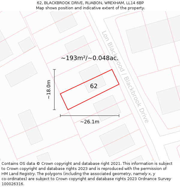 62, BLACKBROOK DRIVE, RUABON, WREXHAM, LL14 6BP: Plot and title map