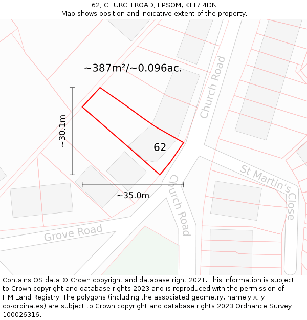 62, CHURCH ROAD, EPSOM, KT17 4DN: Plot and title map