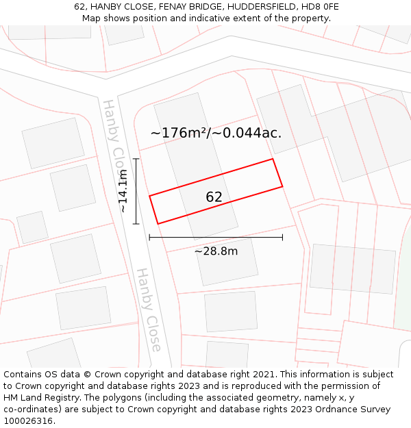 62, HANBY CLOSE, FENAY BRIDGE, HUDDERSFIELD, HD8 0FE: Plot and title map