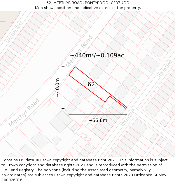 62, MERTHYR ROAD, PONTYPRIDD, CF37 4DD: Plot and title map