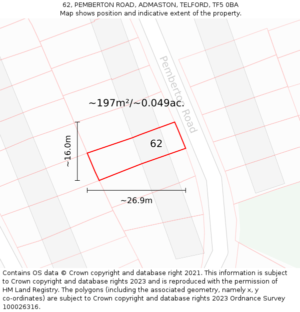 62, PEMBERTON ROAD, ADMASTON, TELFORD, TF5 0BA: Plot and title map