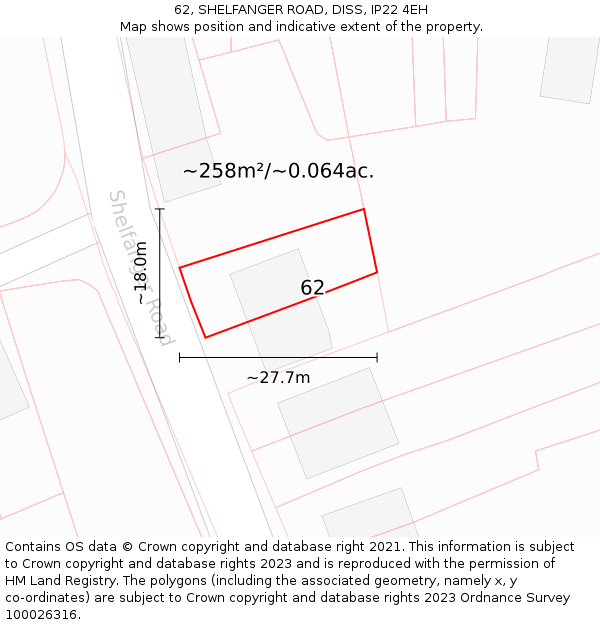 62, SHELFANGER ROAD, DISS, IP22 4EH: Plot and title map