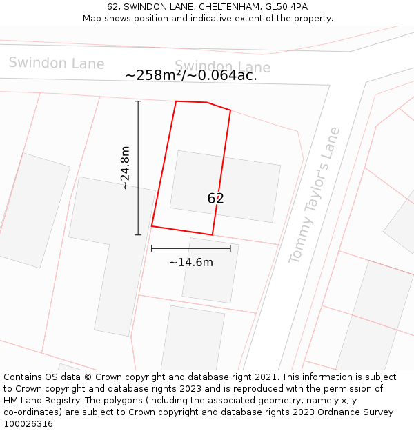 62, SWINDON LANE, CHELTENHAM, GL50 4PA: Plot and title map