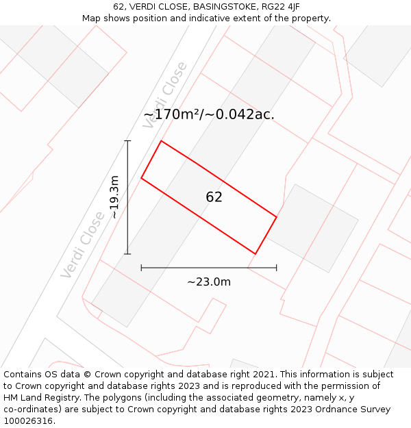 62, VERDI CLOSE, BASINGSTOKE, RG22 4JF: Plot and title map
