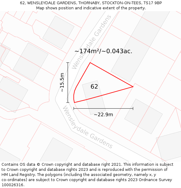 62, WENSLEYDALE GARDENS, THORNABY, STOCKTON-ON-TEES, TS17 9BP: Plot and title map