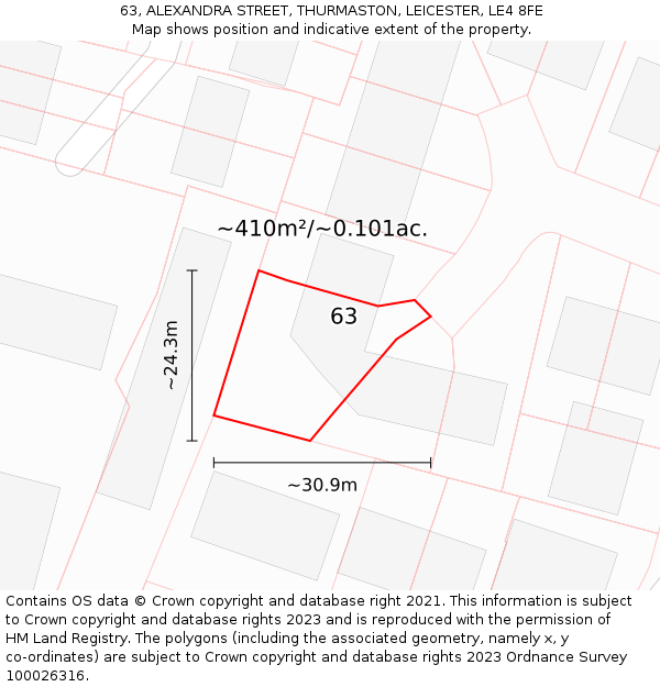 63, ALEXANDRA STREET, THURMASTON, LEICESTER, LE4 8FE: Plot and title map