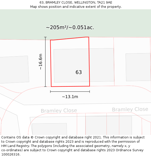 63, BRAMLEY CLOSE, WELLINGTON, TA21 9AE: Plot and title map