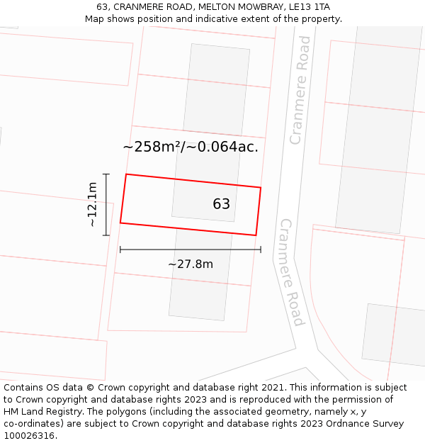 63, CRANMERE ROAD, MELTON MOWBRAY, LE13 1TA: Plot and title map