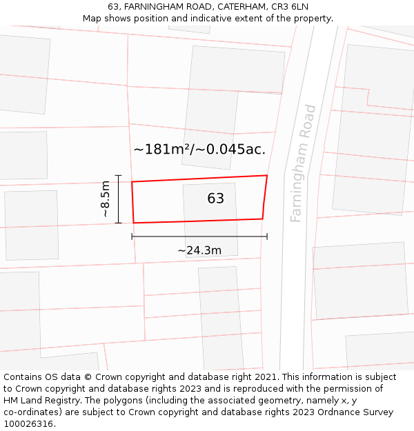 63, FARNINGHAM ROAD, CATERHAM, CR3 6LN: Plot and title map