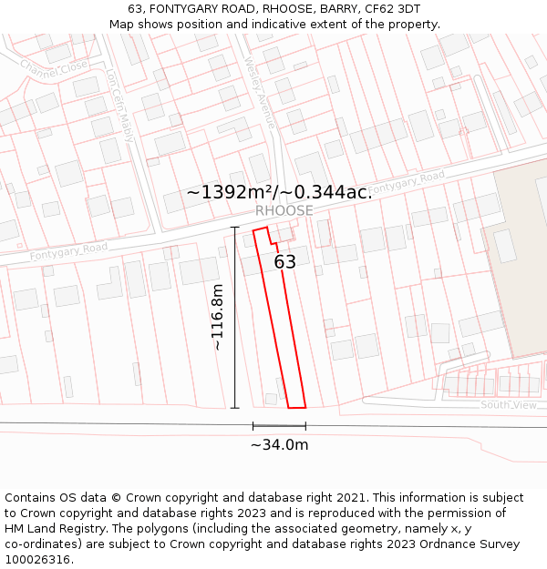 63, FONTYGARY ROAD, RHOOSE, BARRY, CF62 3DT: Plot and title map