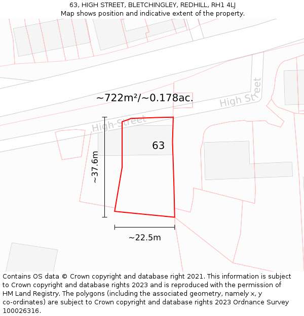 63, HIGH STREET, BLETCHINGLEY, REDHILL, RH1 4LJ: Plot and title map