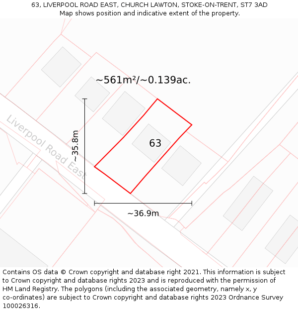 63, LIVERPOOL ROAD EAST, CHURCH LAWTON, STOKE-ON-TRENT, ST7 3AD: Plot and title map