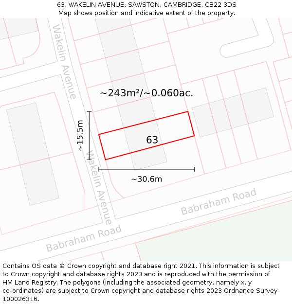 63, WAKELIN AVENUE, SAWSTON, CAMBRIDGE, CB22 3DS: Plot and title map