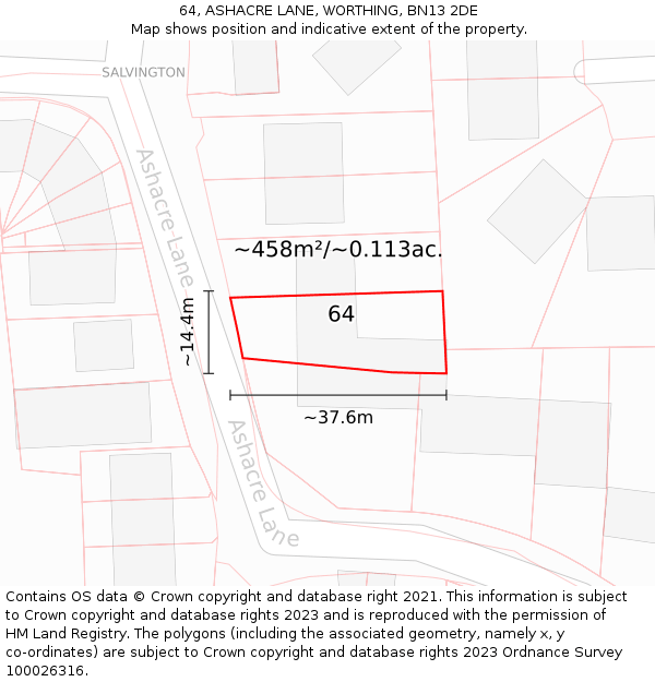 64, ASHACRE LANE, WORTHING, BN13 2DE: Plot and title map