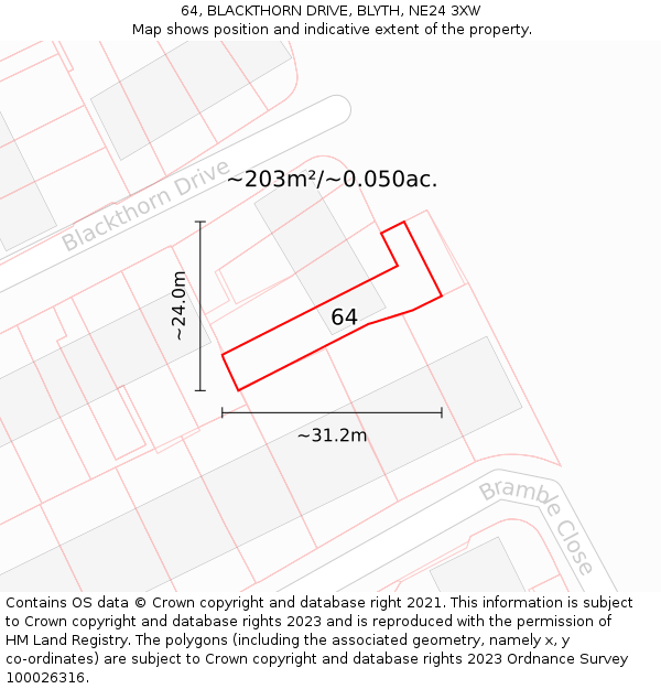 64, BLACKTHORN DRIVE, BLYTH, NE24 3XW: Plot and title map