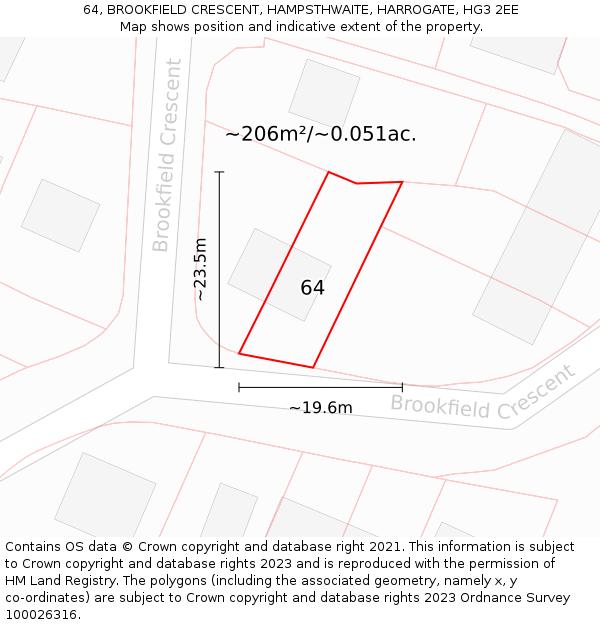 64, BROOKFIELD CRESCENT, HAMPSTHWAITE, HARROGATE, HG3 2EE: Plot and title map