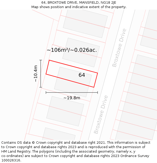 64, BROXTOWE DRIVE, MANSFIELD, NG18 2JE: Plot and title map