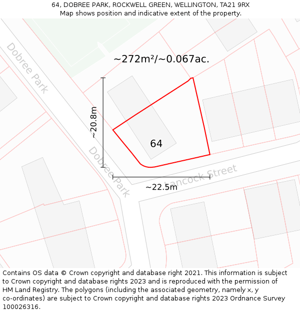 64, DOBREE PARK, ROCKWELL GREEN, WELLINGTON, TA21 9RX: Plot and title map