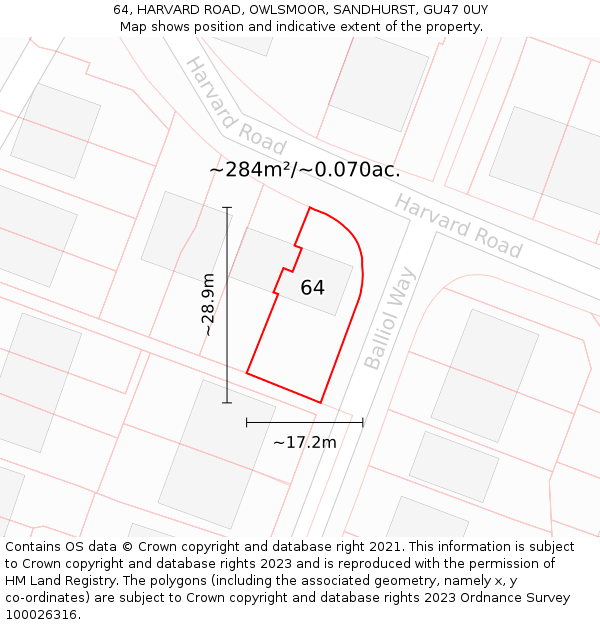 64, HARVARD ROAD, OWLSMOOR, SANDHURST, GU47 0UY: Plot and title map