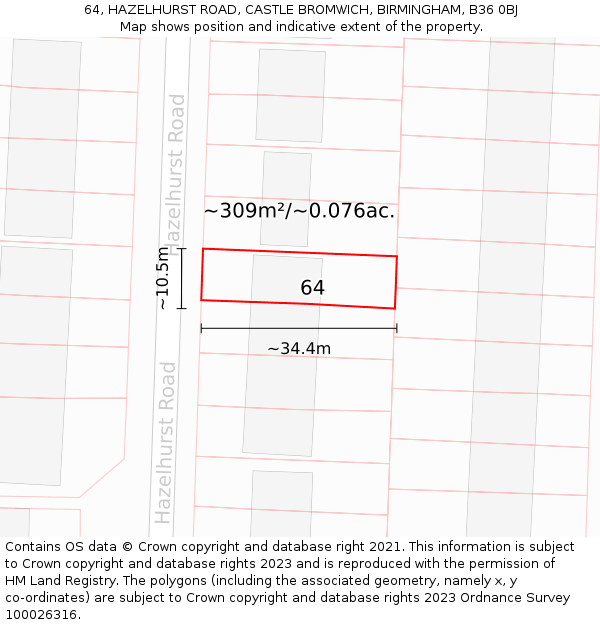 64, HAZELHURST ROAD, CASTLE BROMWICH, BIRMINGHAM, B36 0BJ: Plot and title map