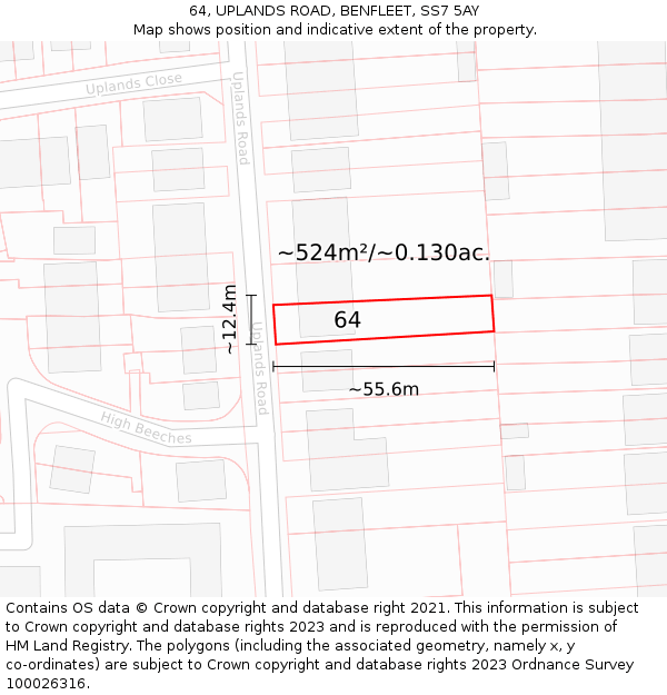 64, UPLANDS ROAD, BENFLEET, SS7 5AY: Plot and title map