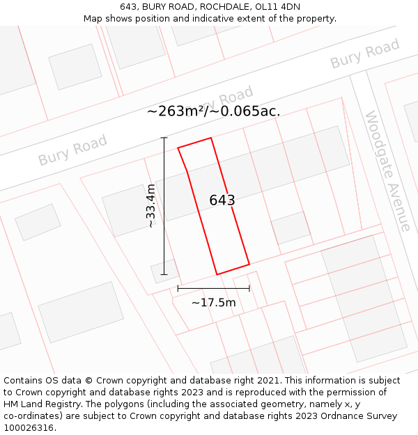 643, BURY ROAD, ROCHDALE, OL11 4DN: Plot and title map