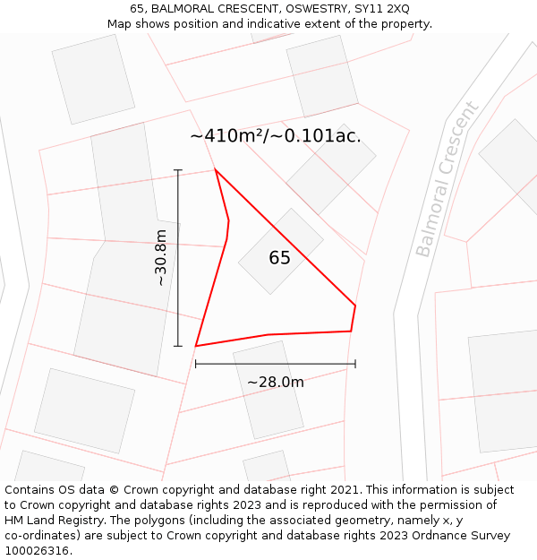 65, BALMORAL CRESCENT, OSWESTRY, SY11 2XQ: Plot and title map