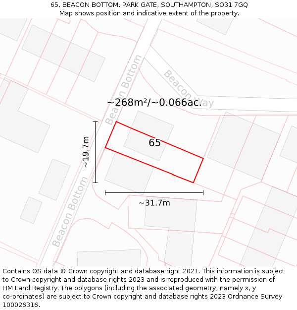 65, BEACON BOTTOM, PARK GATE, SOUTHAMPTON, SO31 7GQ: Plot and title map