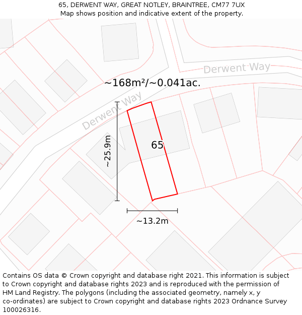 65, DERWENT WAY, GREAT NOTLEY, BRAINTREE, CM77 7UX: Plot and title map