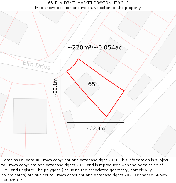 65, ELM DRIVE, MARKET DRAYTON, TF9 3HE: Plot and title map