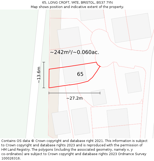 65, LONG CROFT, YATE, BRISTOL, BS37 7YN: Plot and title map