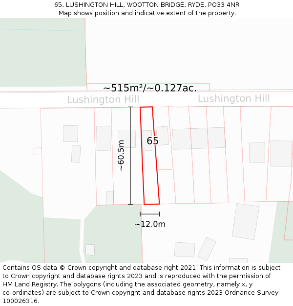 65, LUSHINGTON HILL, WOOTTON BRIDGE, RYDE, PO33 4NR: Plot and title map