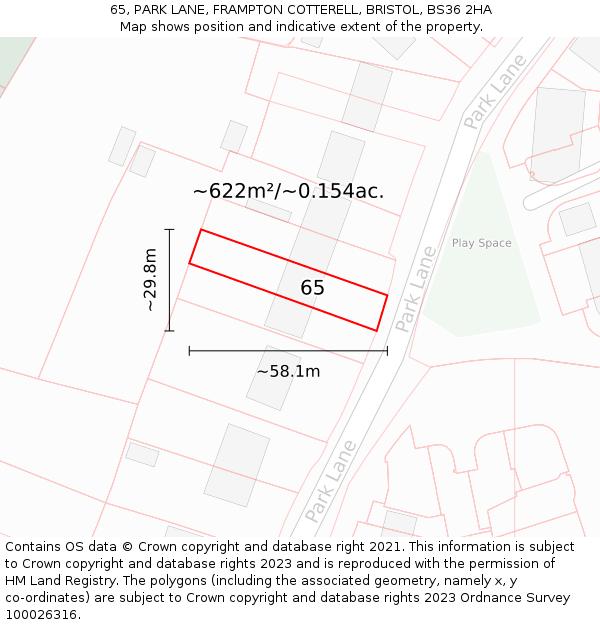 65, PARK LANE, FRAMPTON COTTERELL, BRISTOL, BS36 2HA: Plot and title map