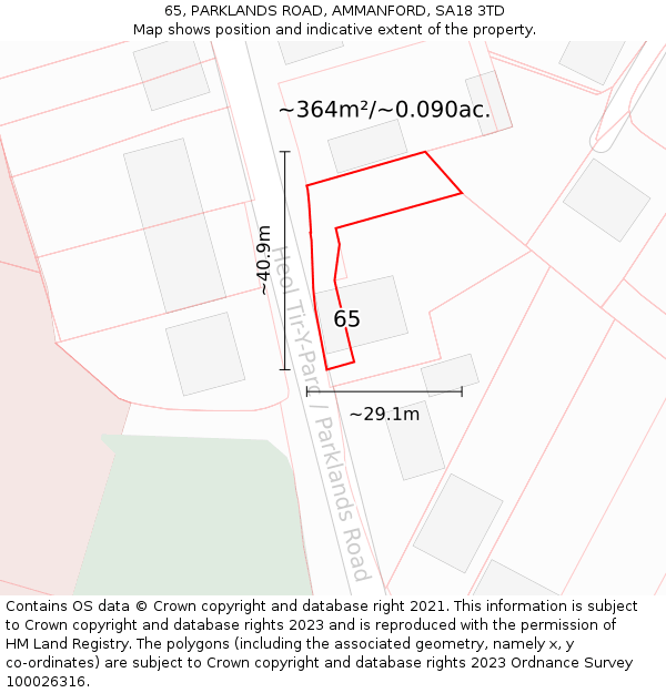 65, PARKLANDS ROAD, AMMANFORD, SA18 3TD: Plot and title map