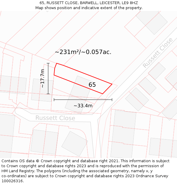 65, RUSSETT CLOSE, BARWELL, LEICESTER, LE9 8HZ: Plot and title map