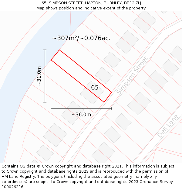 65, SIMPSON STREET, HAPTON, BURNLEY, BB12 7LJ: Plot and title map