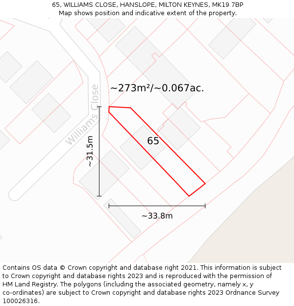 65, WILLIAMS CLOSE, HANSLOPE, MILTON KEYNES, MK19 7BP: Plot and title map