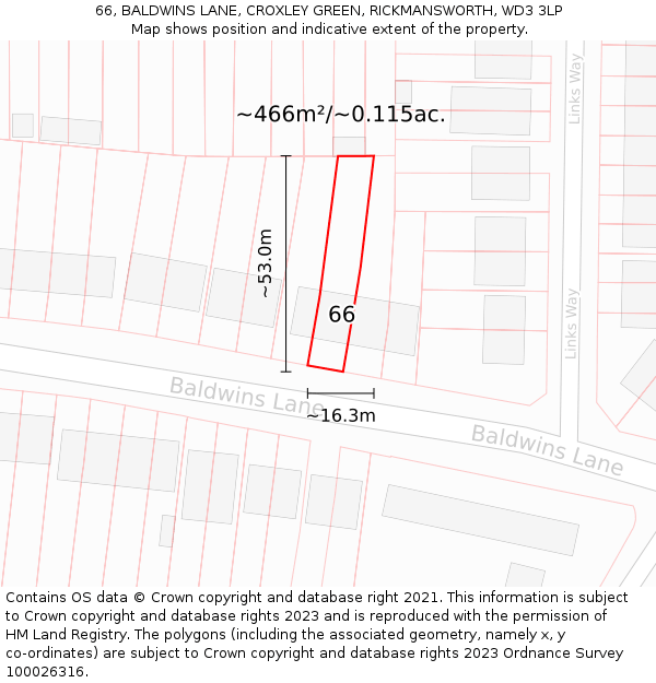 66, BALDWINS LANE, CROXLEY GREEN, RICKMANSWORTH, WD3 3LP: Plot and title map