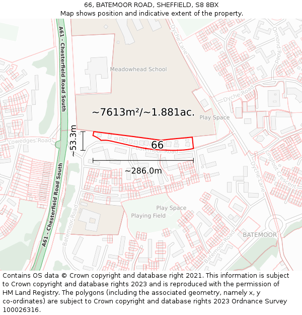 66, BATEMOOR ROAD, SHEFFIELD, S8 8BX: Plot and title map