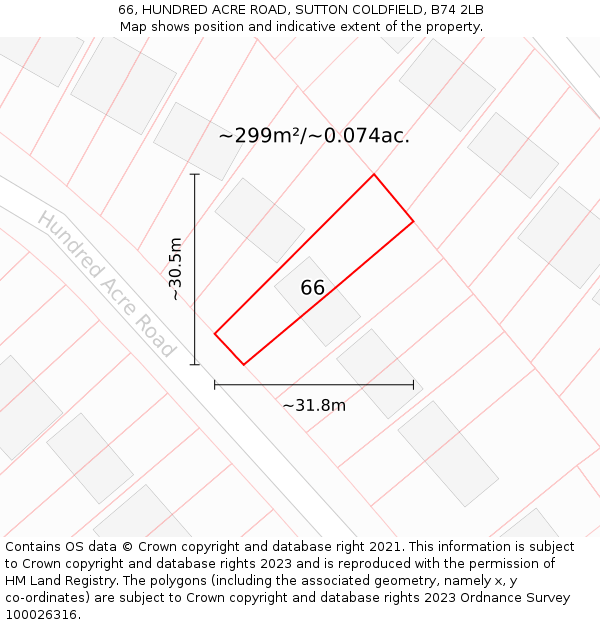 66, HUNDRED ACRE ROAD, SUTTON COLDFIELD, B74 2LB: Plot and title map