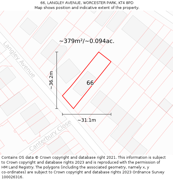 66, LANGLEY AVENUE, WORCESTER PARK, KT4 8PD: Plot and title map