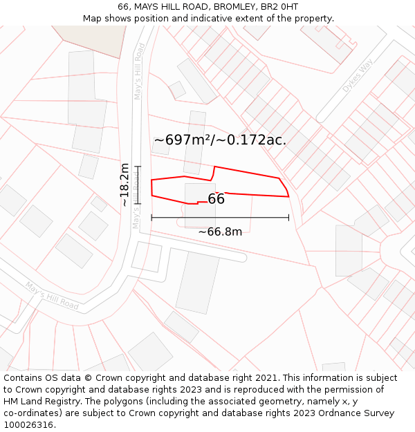 66, MAYS HILL ROAD, BROMLEY, BR2 0HT: Plot and title map