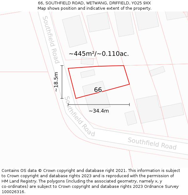 66, SOUTHFIELD ROAD, WETWANG, DRIFFIELD, YO25 9XX: Plot and title map