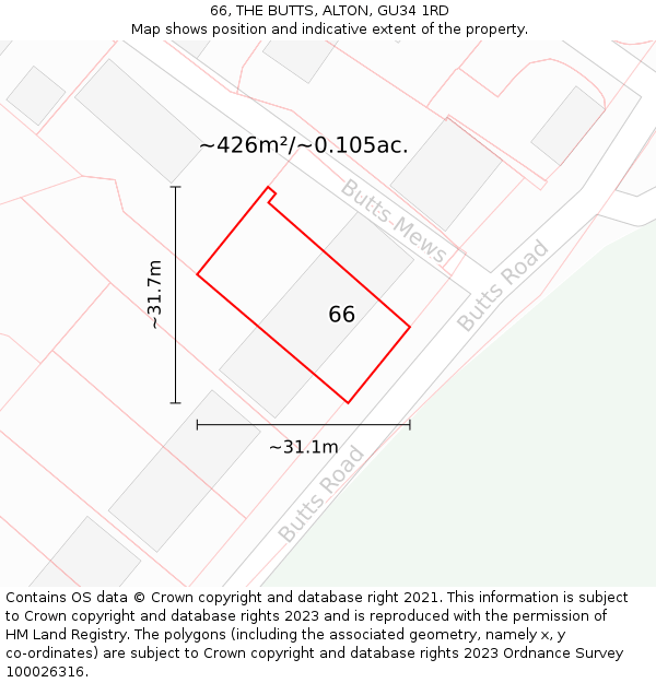 66, THE BUTTS, ALTON, GU34 1RD: Plot and title map