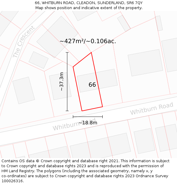 66, WHITBURN ROAD, CLEADON, SUNDERLAND, SR6 7QY: Plot and title map