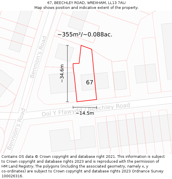 67, BEECHLEY ROAD, WREXHAM, LL13 7AU: Plot and title map