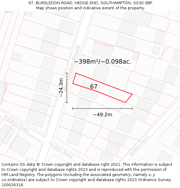 67, BURSLEDON ROAD, HEDGE END, SOUTHAMPTON, SO30 0BP: Plot and title map