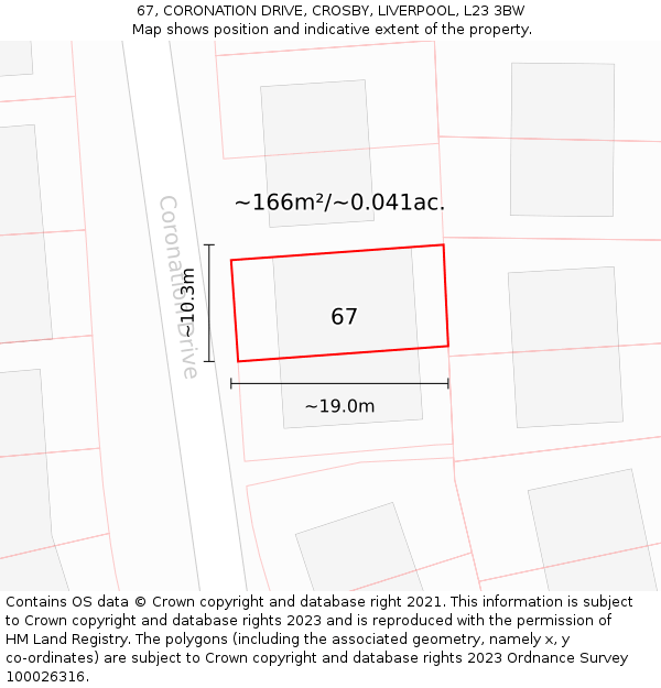 67, CORONATION DRIVE, CROSBY, LIVERPOOL, L23 3BW: Plot and title map